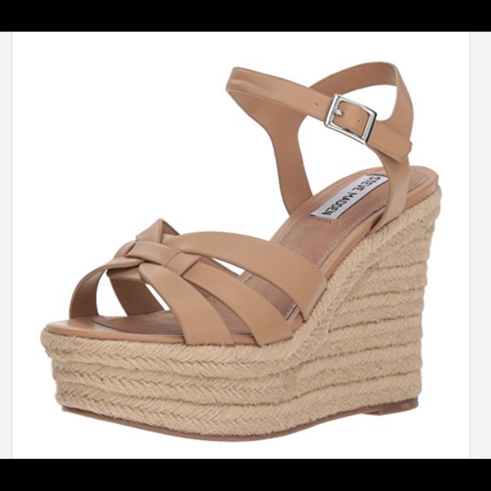 Steve Madden tan nude leather open toe platform wedge espadrilles talula